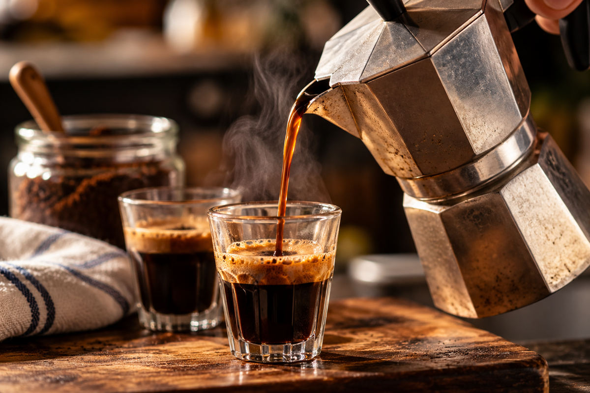 Cuban coffee being poured from a moka pot into a colada glass