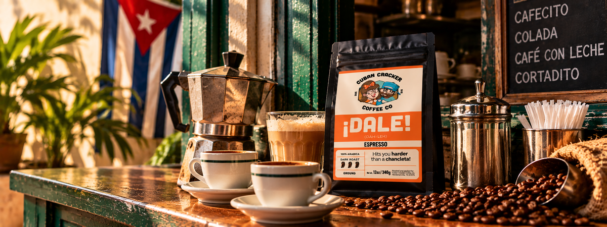 Cuban Cracker Coffee at a Miami-style ventanita with moka pot, cafecito and café con leche.